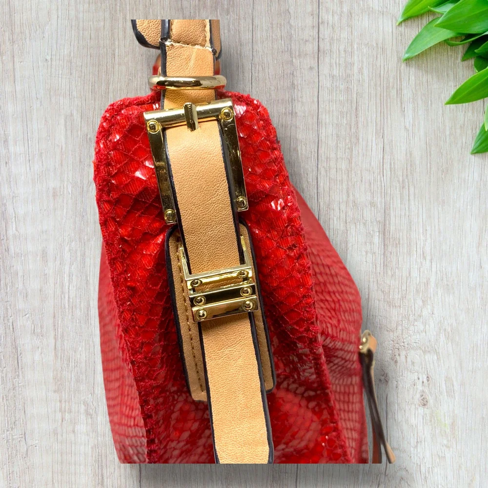 Sondra Roberts Squared Red Snakeskin Print Slouchy Shoulder Bag Tassel Hobo